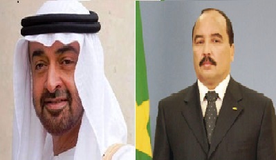 من اليمين الى اليسار الرئيس الموريتاني محمد ولد عبد العزيز، وولى عهد أبوظبى الشيخ محمد بن زايد.