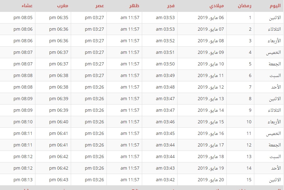 امساكية رمضان 2019 فى الرياض